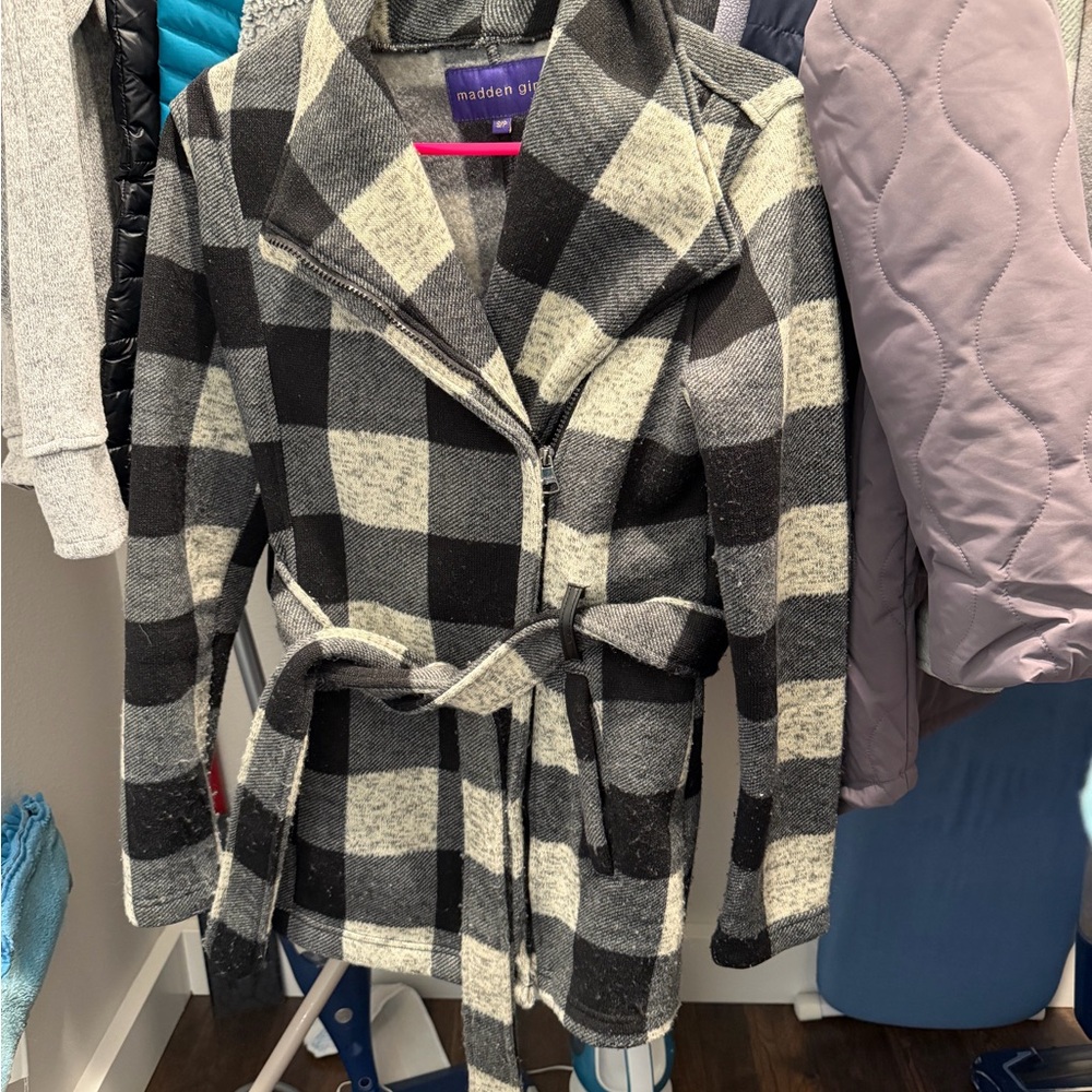 Madden Girl Black and Cream Checkered Trench Coat